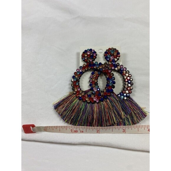 Multicolor Rhinestone Drop Earrings Tassels Fringe Formal Rainbow Colorful Club - Picture 7 of 7